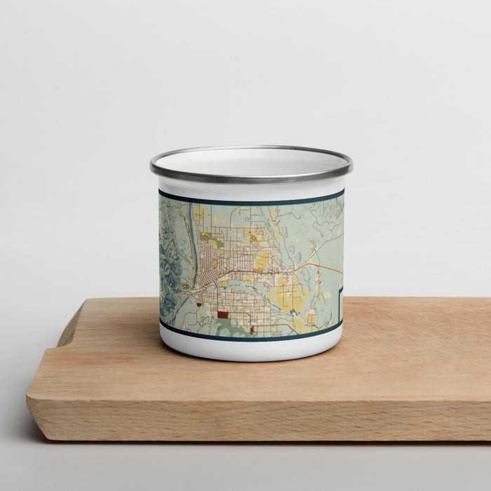 Front View Custom Cañon City Colorado Map Enamel Mug in Woodblock on Cutting Board