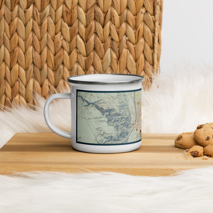 Left View Custom Cañon City Colorado Map Enamel Mug in Woodblock on Table Top