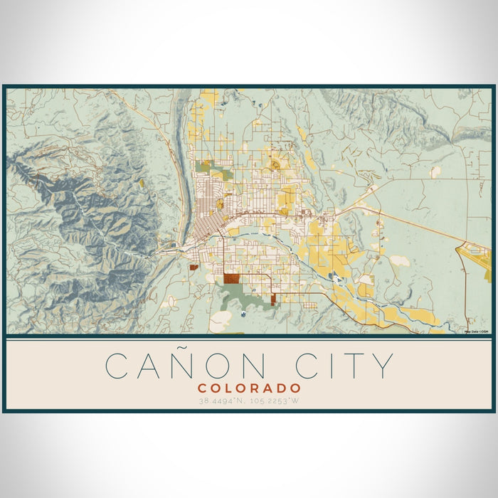 Cañon City Colorado Map Print Landscape Orientation in Woodblock Style With Shaded Background
