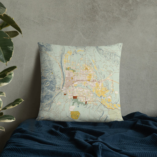 Custom Cañon City Colorado Map Throw Pillow in Woodblock on Bedding Against Wall