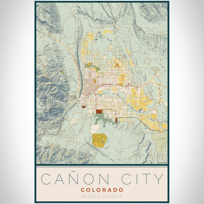 Cañon City Colorado Map Print Portrait Orientation in Woodblock Style With Shaded Background