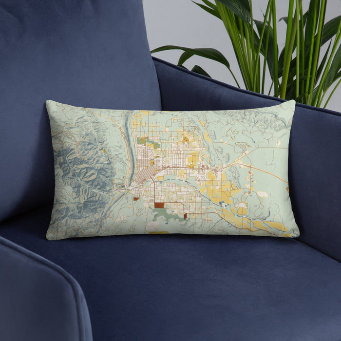 Custom Cañon City Colorado Map Throw Pillow in Woodblock on Blue Colored Chair