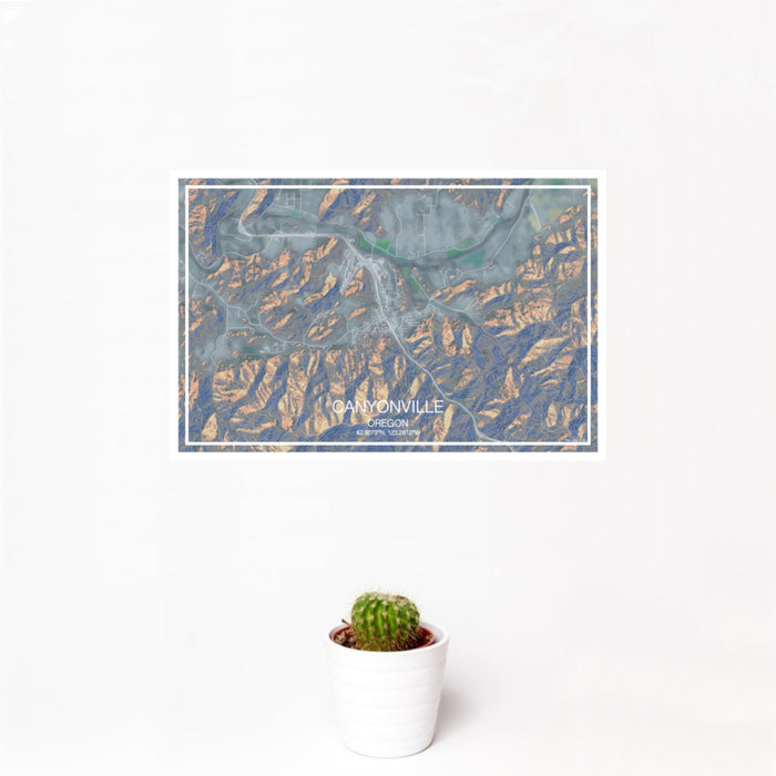 12x18 Canyonville Oregon Map Print Landscape Orientation in Afternoon Style With Small Cactus Plant in White Planter