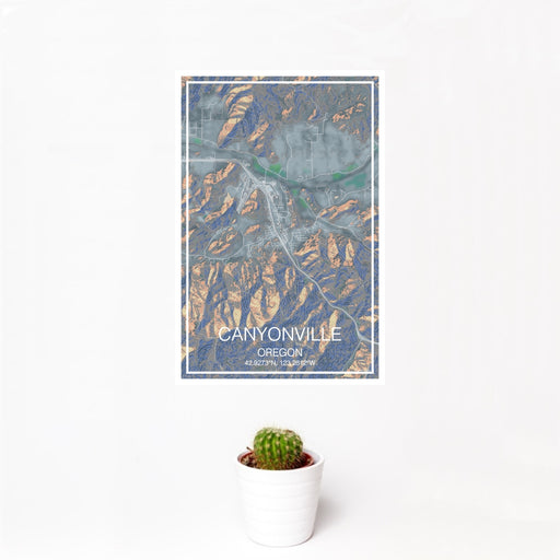 12x18 Canyonville Oregon Map Print Portrait Orientation in Afternoon Style With Small Cactus Plant in White Planter