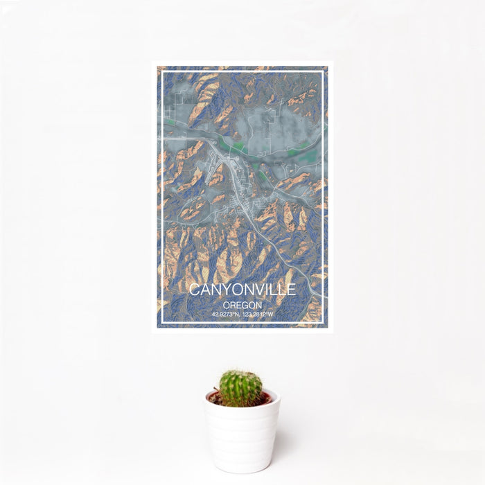 12x18 Canyonville Oregon Map Print Portrait Orientation in Afternoon Style With Small Cactus Plant in White Planter