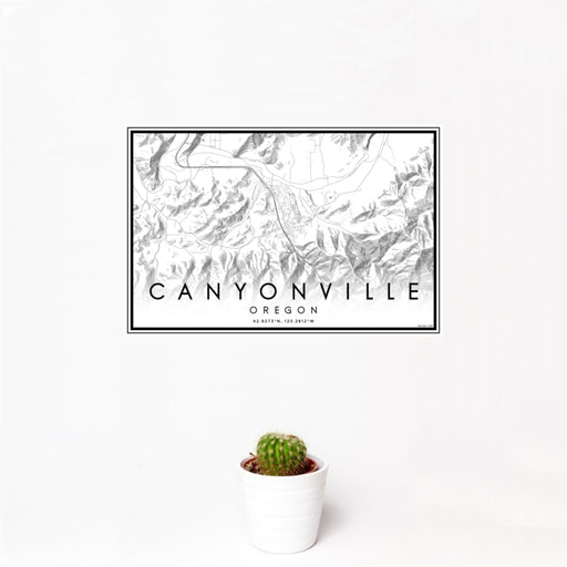 12x18 Canyonville Oregon Map Print Landscape Orientation in Classic Style With Small Cactus Plant in White Planter