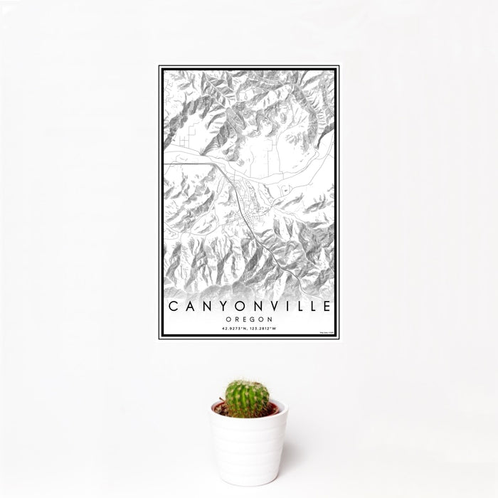 12x18 Canyonville Oregon Map Print Portrait Orientation in Classic Style With Small Cactus Plant in White Planter