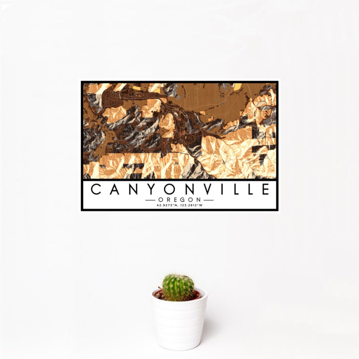 12x18 Canyonville Oregon Map Print Landscape Orientation in Ember Style With Small Cactus Plant in White Planter