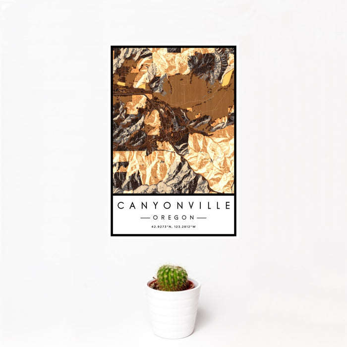 12x18 Canyonville Oregon Map Print Portrait Orientation in Ember Style With Small Cactus Plant in White Planter