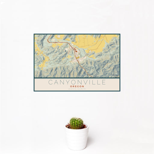 12x18 Canyonville Oregon Map Print Landscape Orientation in Woodblock Style With Small Cactus Plant in White Planter
