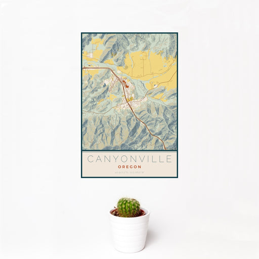 12x18 Canyonville Oregon Map Print Portrait Orientation in Woodblock Style With Small Cactus Plant in White Planter