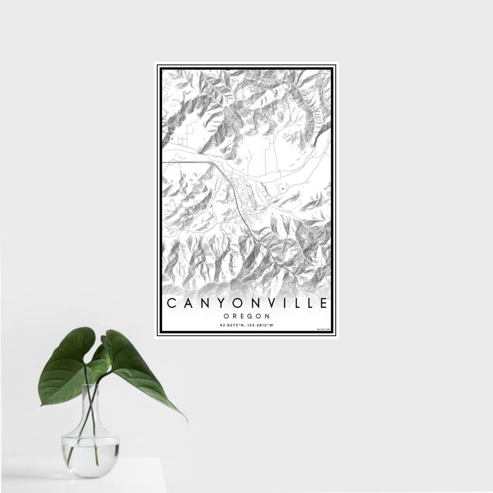 16x24 Canyonville Oregon Map Print Portrait Orientation in Classic Style With Tropical Plant Leaves in Water