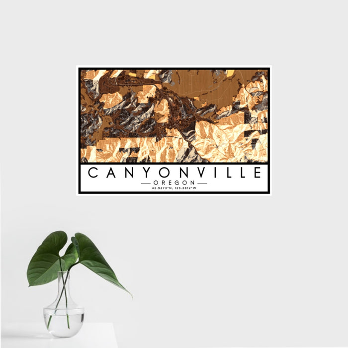 16x24 Canyonville Oregon Map Print Landscape Orientation in Ember Style With Tropical Plant Leaves in Water
