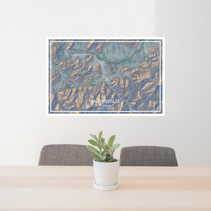 24x36 Canyonville Oregon Map Print Landscape Orientation in Afternoon Style Behind 2 Chairs Table and Potted Plant