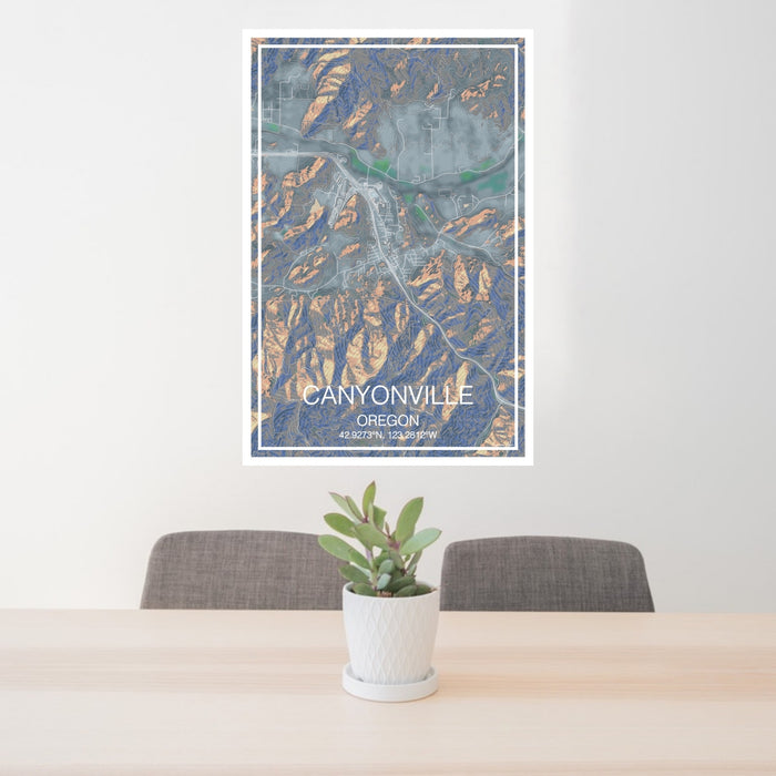 24x36 Canyonville Oregon Map Print Portrait Orientation in Afternoon Style Behind 2 Chairs Table and Potted Plant