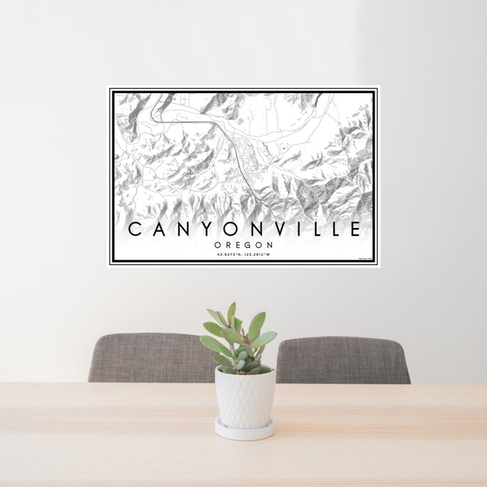 24x36 Canyonville Oregon Map Print Landscape Orientation in Classic Style Behind 2 Chairs Table and Potted Plant