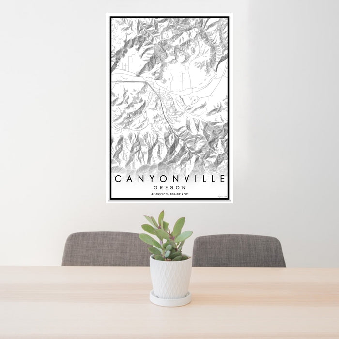 24x36 Canyonville Oregon Map Print Portrait Orientation in Classic Style Behind 2 Chairs Table and Potted Plant
