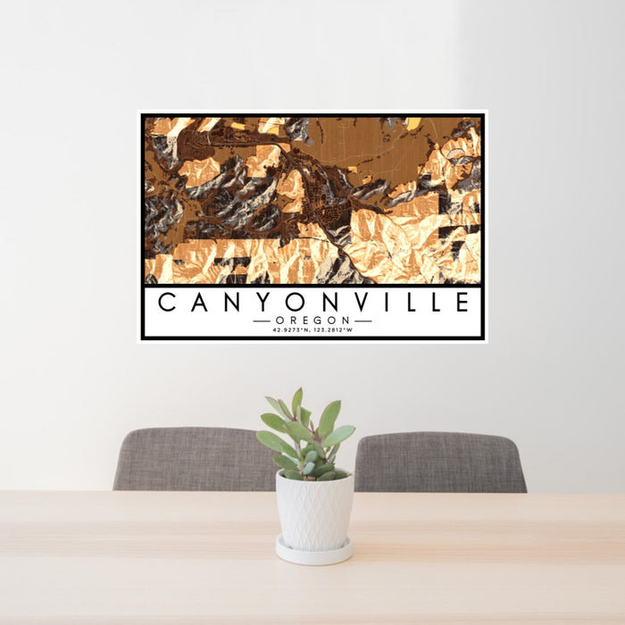 24x36 Canyonville Oregon Map Print Landscape Orientation in Ember Style Behind 2 Chairs Table and Potted Plant