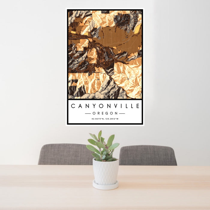 24x36 Canyonville Oregon Map Print Portrait Orientation in Ember Style Behind 2 Chairs Table and Potted Plant
