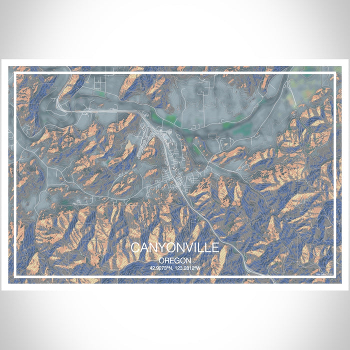Canyonville Oregon Map Print Landscape Orientation in Afternoon Style With Shaded Background