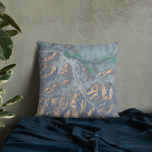 Custom Canyonville Oregon Map Throw Pillow in Afternoon on Bedding Against Wall
