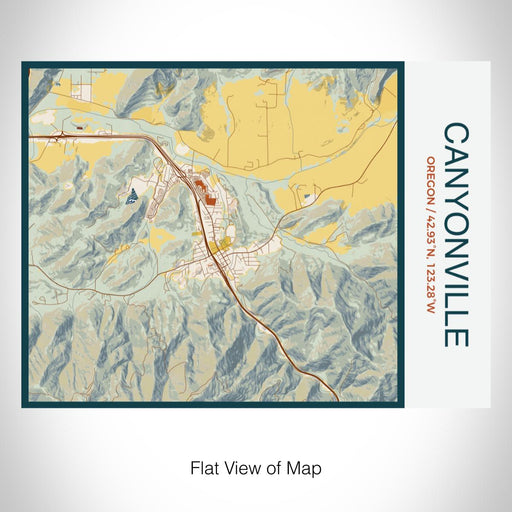 Rendered View of Canyonville Oregon Map on 20oz Stainless Steel Insulated Bottle with Bamboo Top with printed woodblock style map