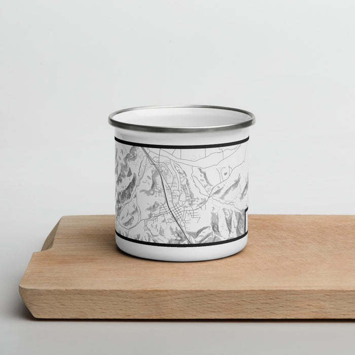 Front View Custom Canyonville Oregon Map Enamel Mug in Classic on Cutting Board