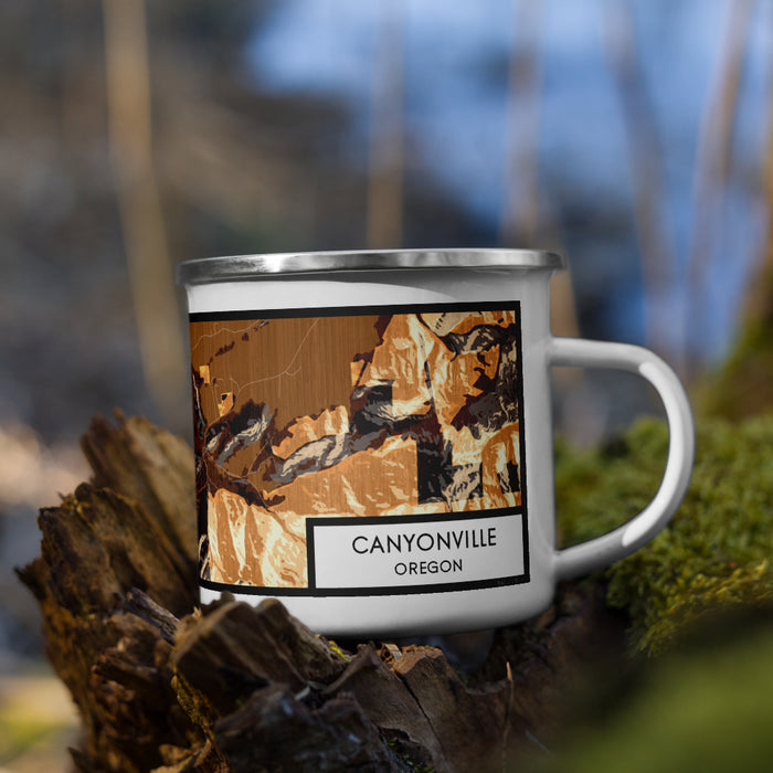 Right View Custom Canyonville Oregon Map Enamel Mug in Ember on Grass With Trees in Background