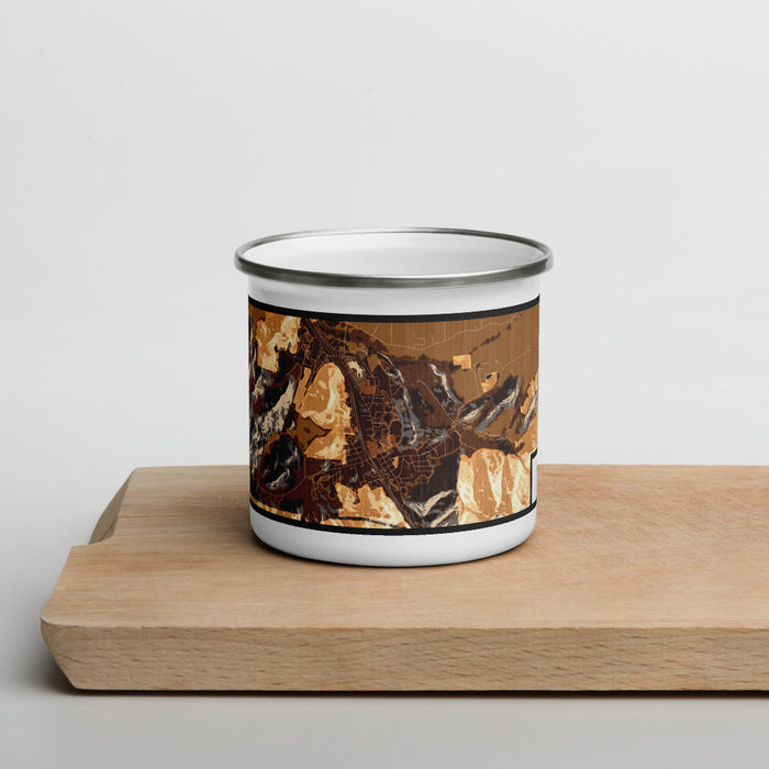 Front View Custom Canyonville Oregon Map Enamel Mug in Ember on Cutting Board