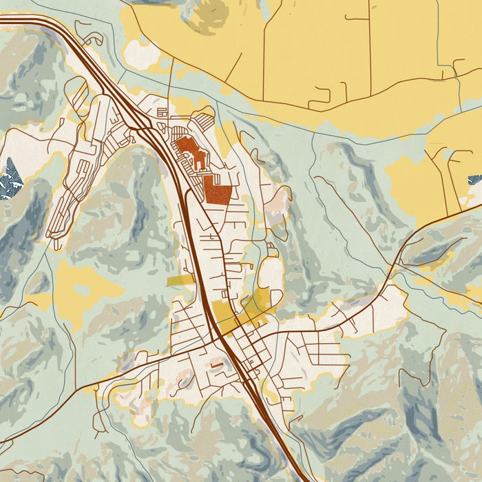 Canyonville Oregon Map Print in Woodblock Style Zoomed In Close Up Showing Details