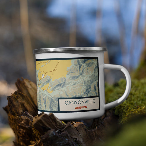 Right View Custom Canyonville Oregon Map Enamel Mug in Woodblock on Grass With Trees in Background