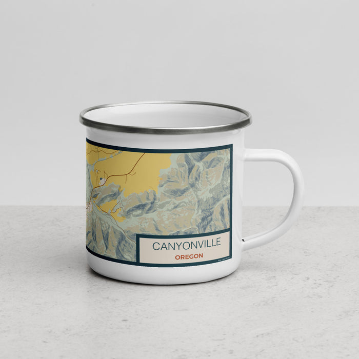 Right View Custom Canyonville Oregon Map Enamel Mug in Woodblock
