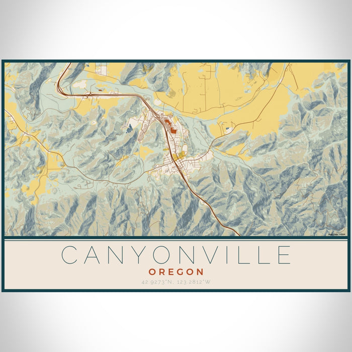 Canyonville Oregon Map Print Landscape Orientation in Woodblock Style With Shaded Background