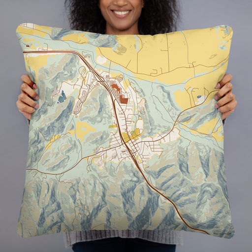 Person holding 22x22 Custom Canyonville Oregon Map Throw Pillow in Woodblock