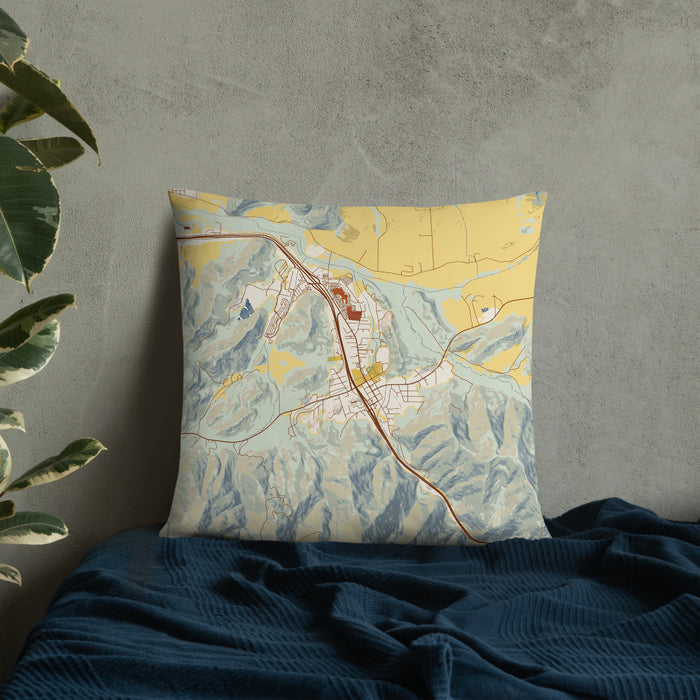 Custom Canyonville Oregon Map Throw Pillow in Woodblock on Bedding Against Wall