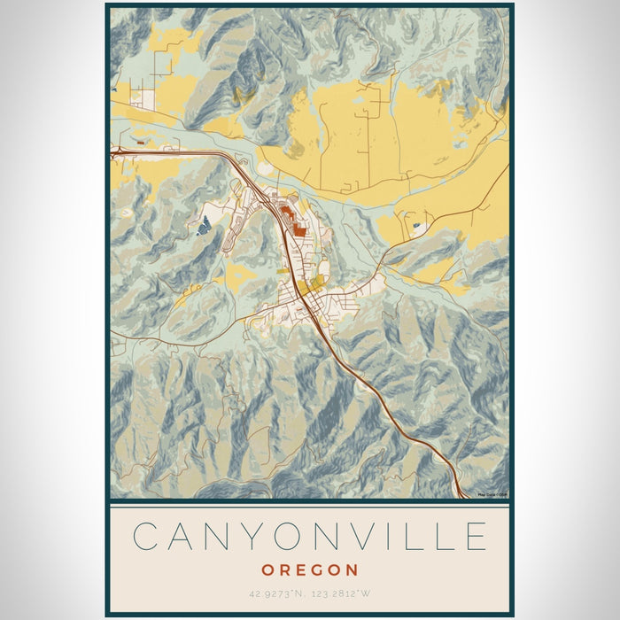 Canyonville Oregon Map Print Portrait Orientation in Woodblock Style With Shaded Background
