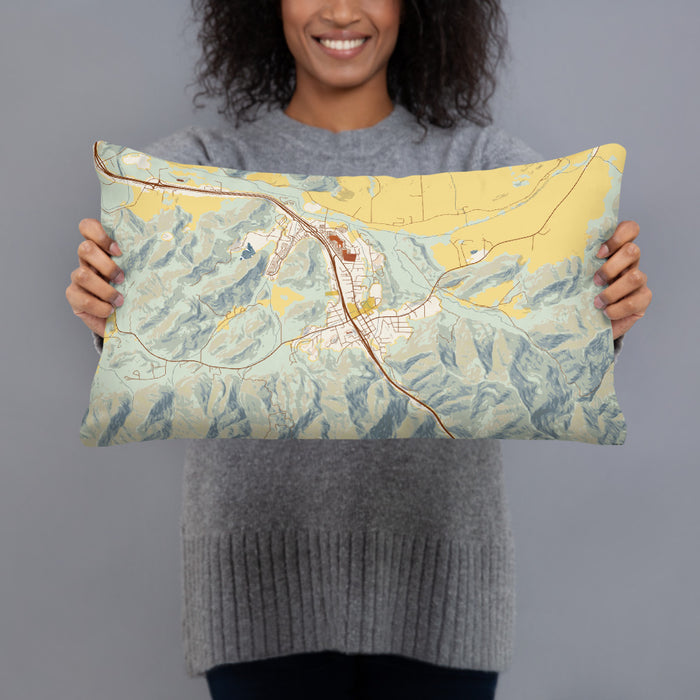 Person holding 20x12 Custom Canyonville Oregon Map Throw Pillow in Woodblock