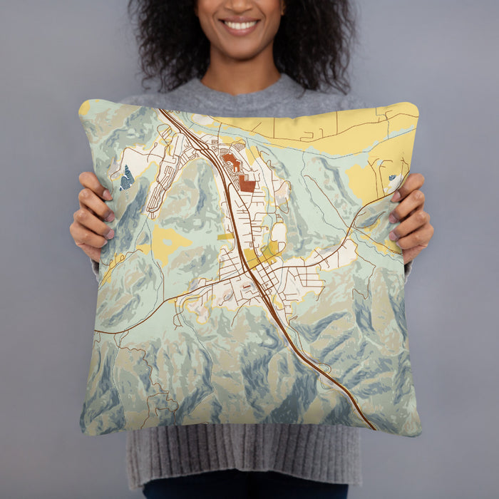 Person holding 18x18 Custom Canyonville Oregon Map Throw Pillow in Woodblock