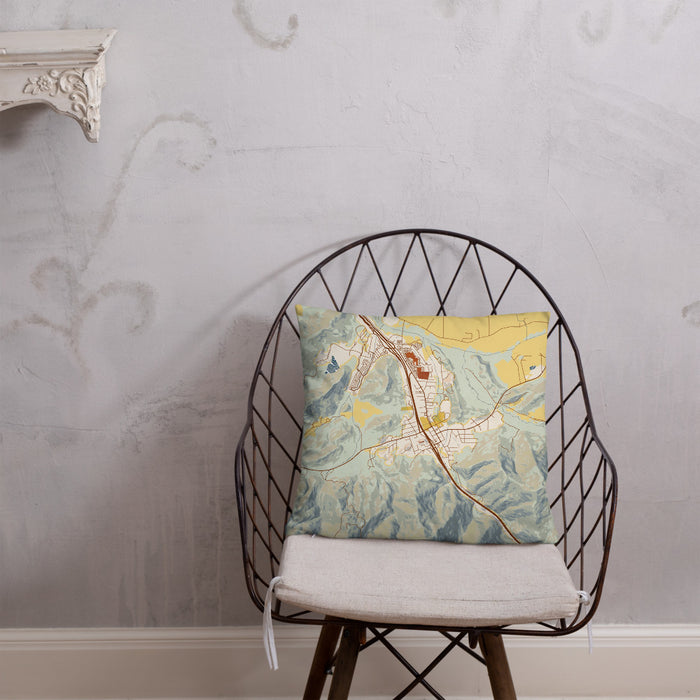 Custom Canyonville Oregon Map Throw Pillow in Woodblock on Cream Colored Couch