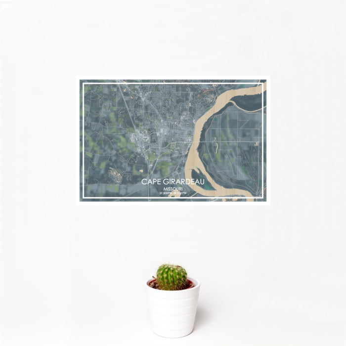 12x18 Cape Girardeau Missouri Map Print Landscape Orientation in Afternoon Style With Small Cactus Plant in White Planter