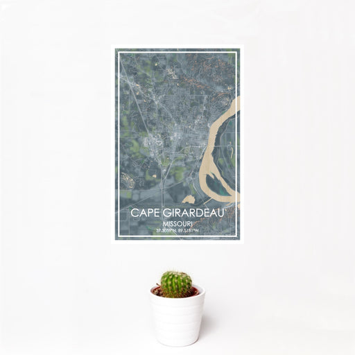 12x18 Cape Girardeau Missouri Map Print Portrait Orientation in Afternoon Style With Small Cactus Plant in White Planter