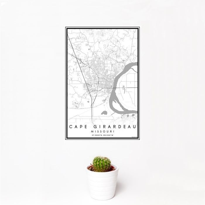12x18 Cape Girardeau Missouri Map Print Portrait Orientation in Classic Style With Small Cactus Plant in White Planter