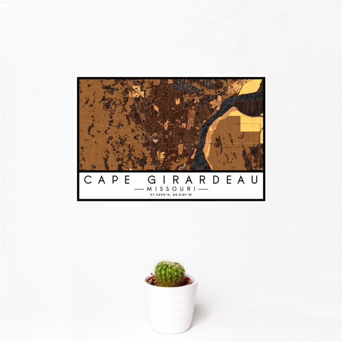 12x18 Cape Girardeau Missouri Map Print Landscape Orientation in Ember Style With Small Cactus Plant in White Planter