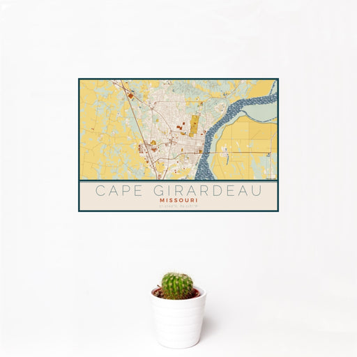 12x18 Cape Girardeau Missouri Map Print Landscape Orientation in Woodblock Style With Small Cactus Plant in White Planter