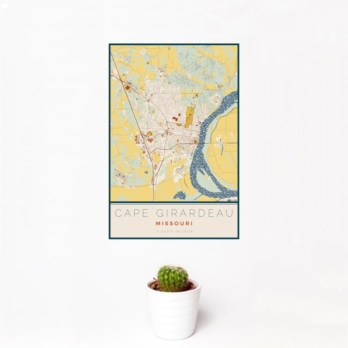 12x18 Cape Girardeau Missouri Map Print Portrait Orientation in Woodblock Style With Small Cactus Plant in White Planter