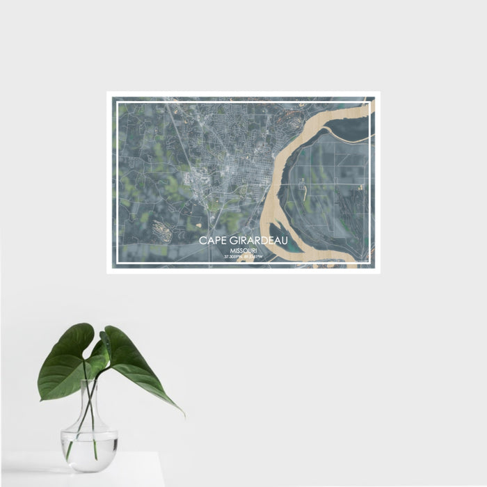 16x24 Cape Girardeau Missouri Map Print Landscape Orientation in Afternoon Style With Tropical Plant Leaves in Water