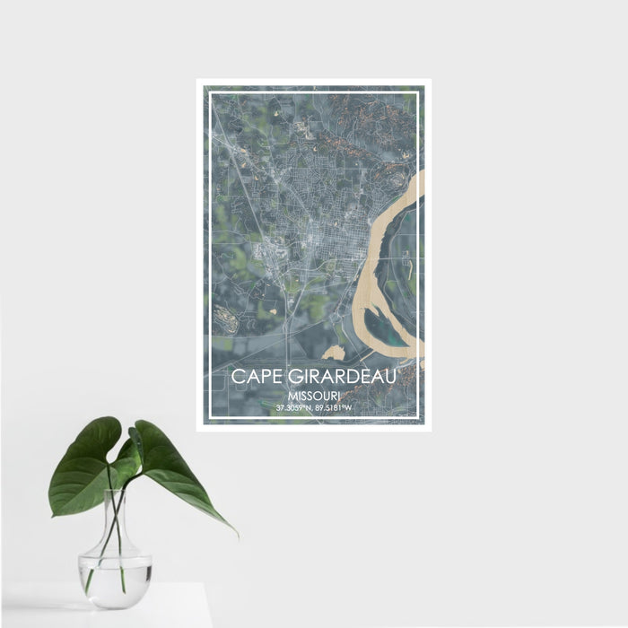 16x24 Cape Girardeau Missouri Map Print Portrait Orientation in Afternoon Style With Tropical Plant Leaves in Water
