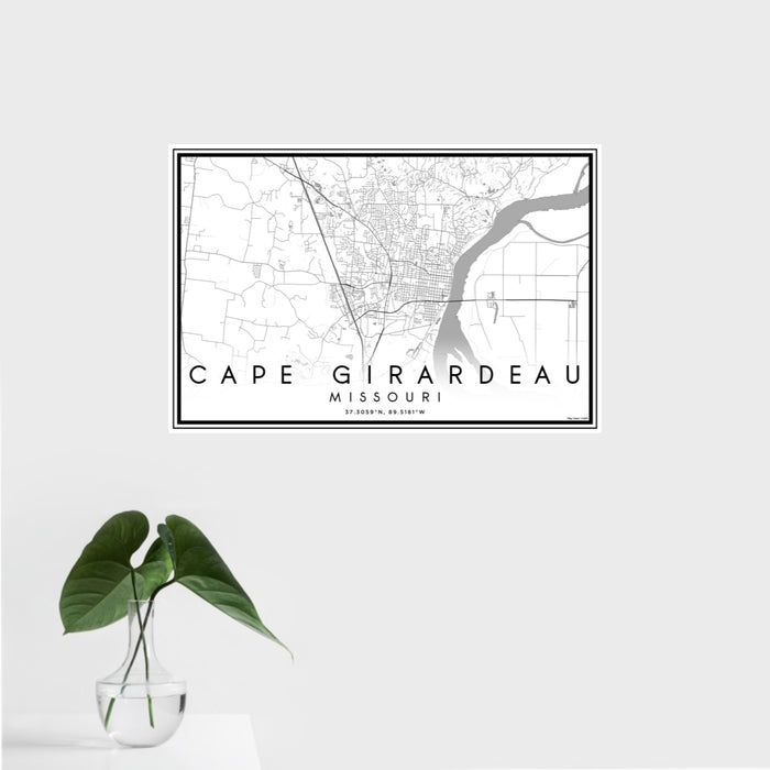 16x24 Cape Girardeau Missouri Map Print Landscape Orientation in Classic Style With Tropical Plant Leaves in Water
