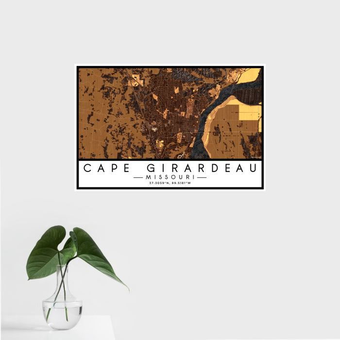 16x24 Cape Girardeau Missouri Map Print Landscape Orientation in Ember Style With Tropical Plant Leaves in Water