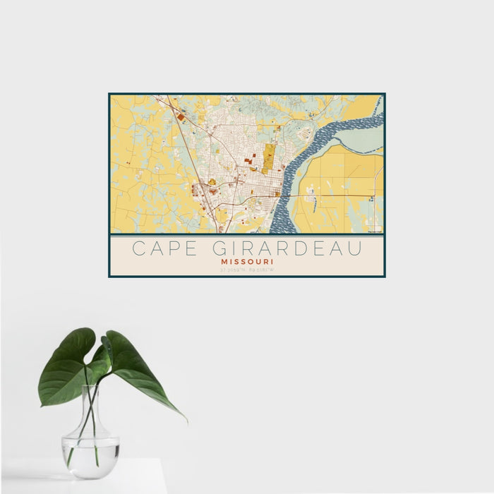 16x24 Cape Girardeau Missouri Map Print Landscape Orientation in Woodblock Style With Tropical Plant Leaves in Water